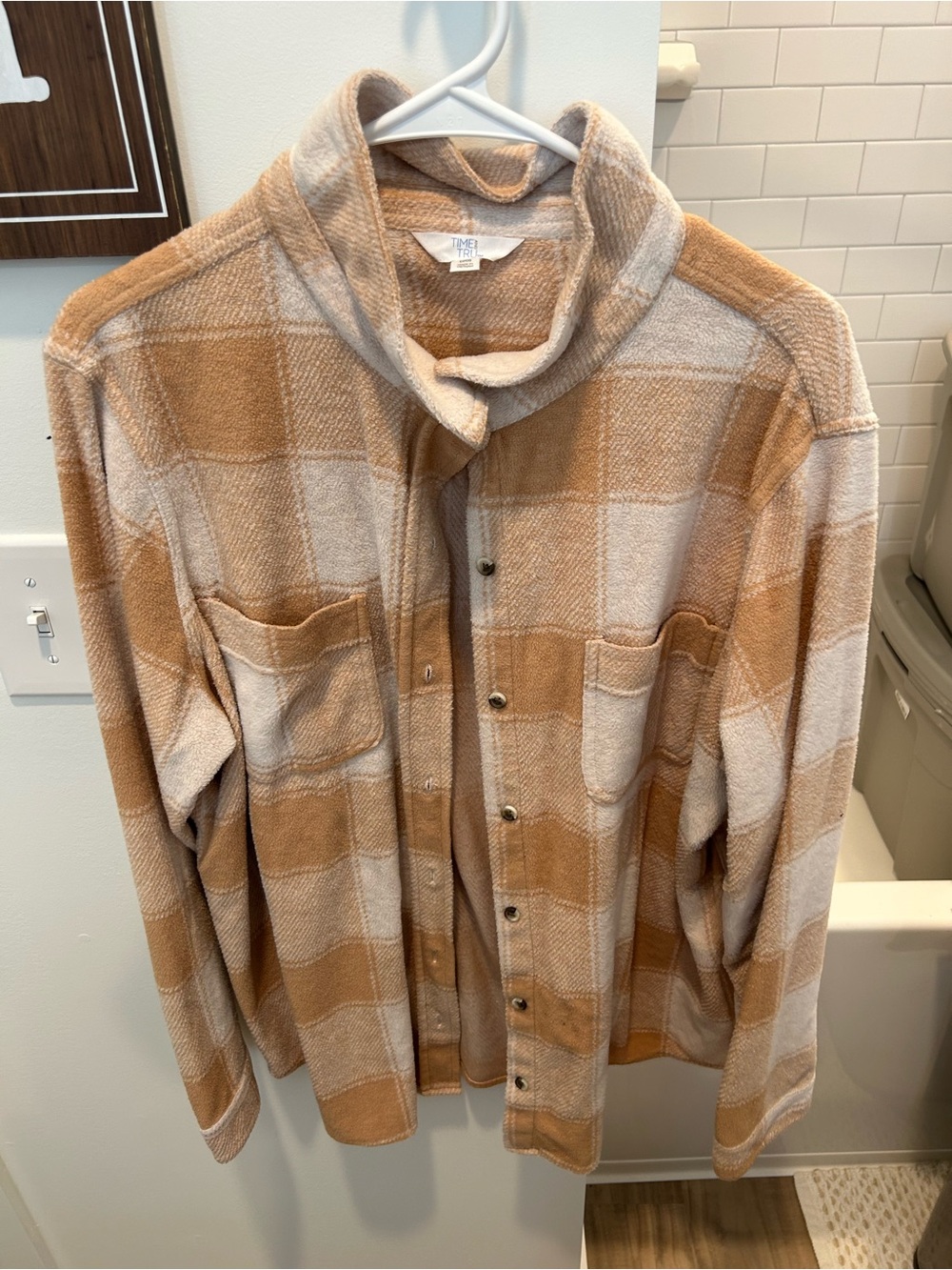 Time and Tru Beige and Cream Plaid Button-Up Jacket